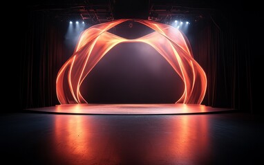 A stage with dynamic red light patterns creates a vibrant and dramatic atmosphere, highlighting the empty performance space.
