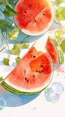 Sliced Watermelon with Fresh Leaves and Glass of Water