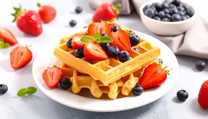 Stacked waffles topped with fresh berries