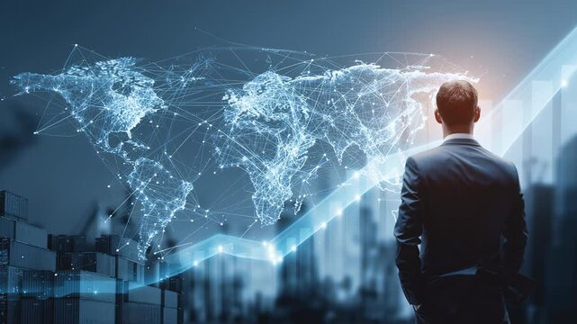 Global Vision: A determined professional gazes upon a dynamic world map adorned with glowing nodes, charting the course towards growth and prosperity, a captivating image of visionary leadership. 