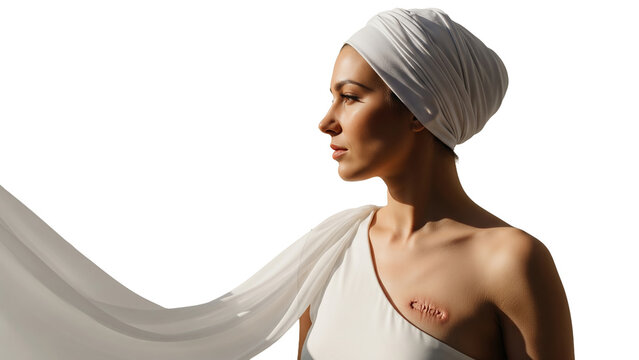 Serene woman in profile with a mastectomy scar. Concept of breast cancer survival, peace, and strength after surgery.