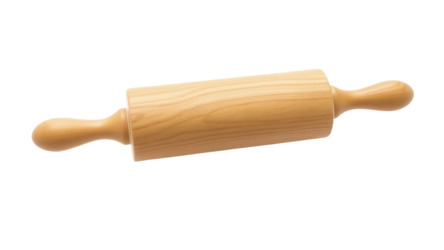 Classic wooden rolling pin isolated on transparent background, traditional baking tool for dough and pastry preparation.