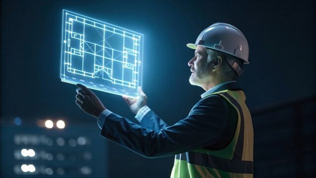 Futuristic engineering design event engineer's hand location glowing holographic blueprint content type dark background environment neon light viewpoint innovative technology concept