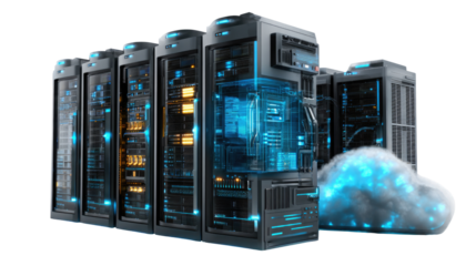 Digital Fortress: A row of server racks, each a symbol of modern data management and technological strength. Evoking the power of a well-managed data center and cloud integration.