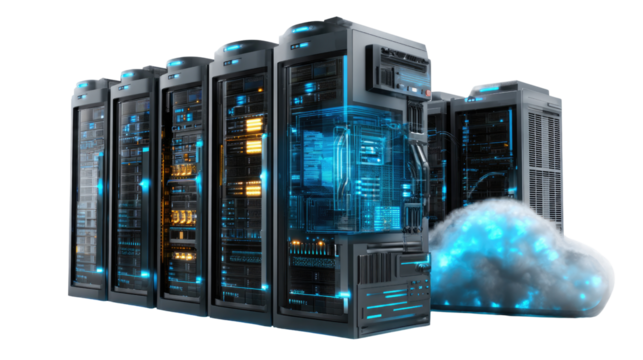 Digital Fortress: A row of server racks, each a symbol of modern data management and technological strength. Evoking the power of a well-managed data center and cloud integration.