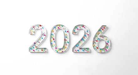 Colorful confetti-filled translucent 2026 numerals on white.