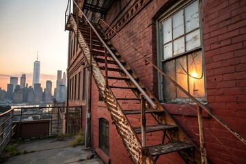 New York City Skyline at Sunset View from Brooklyn Rooftop with Rusty Fire Escape