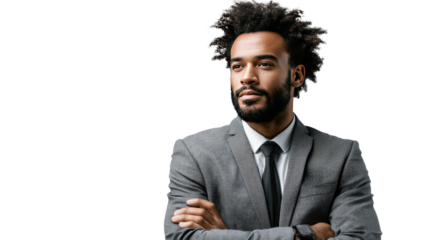 Reflective Executive Portrait: A poised executive in a tailored grey suit and tie, his arms crossed, gazes pensively off-camera, conveying deep thought and focus.