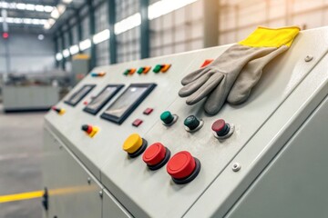 Ensuring occupational safety industrial control panel with emergency stop button and safety gloves in electrical environment