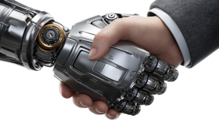 Human-Robot Collaboration: A formal handshake between a human and a robot's metallic hand, symbolizes collaboration, teamwork and technological advancement. 