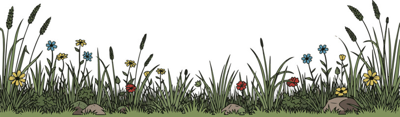 Create a kinds of deferent Meadow background, grass color vector meadow border vector art with white background.