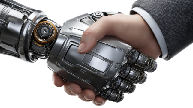 Human-Robot Collaboration: A formal handshake between a human and a robot's metallic hand, symbolizes collaboration, teamwork and technological advancement. 