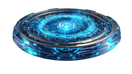 Futuristic Tech Interface: A glowing, circular tech interface pulses with bright blue light. It is an epitome of innovation. The core design symbolizes progress and connectivity. 