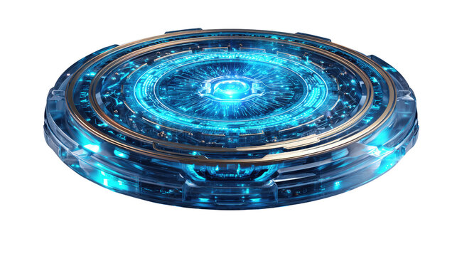 Futuristic Tech Interface: A glowing, circular tech interface pulses with bright blue light. It is an epitome of innovation. The core design symbolizes progress and connectivity. 