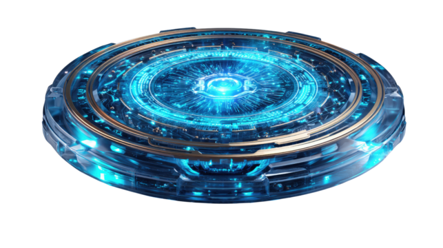 Futuristic Tech Interface: A glowing, circular tech interface pulses with bright blue light. It is an epitome of innovation. The core design symbolizes progress and connectivity.