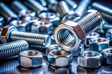 Industrial action macro closeup of metallic nuts and bolts on steel surface with strong shadows captured in a workshop environment