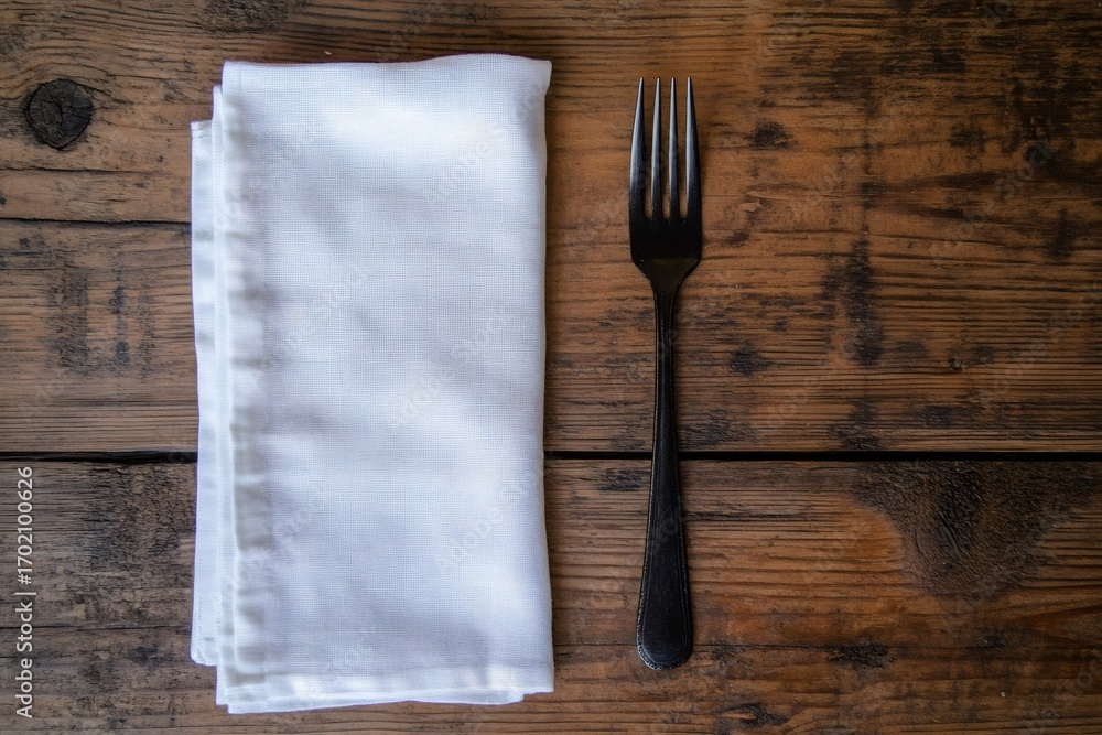 Aufkleber Minimalist still life of a folded white napkin and a fork on a rustic wooden table, creating a simple yet elegant table setting