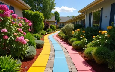 Obraz premium Colorful Painted Path Through a Residential Neighborhood Garden. High quality