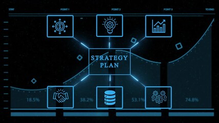 Futuristic strategy plan interface with data visualization, business process and connection, digital technology and innovation concept, neon light effect - Powered by Adobe