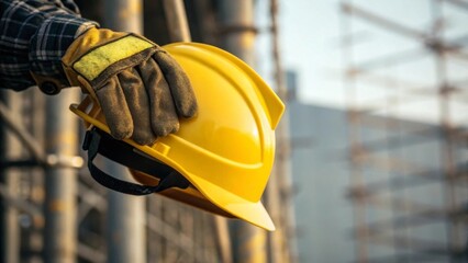 Construction worker gripping yellow helmet strap scaffolding site macro shot realistic textures and shadows blurred background for enhanced focus