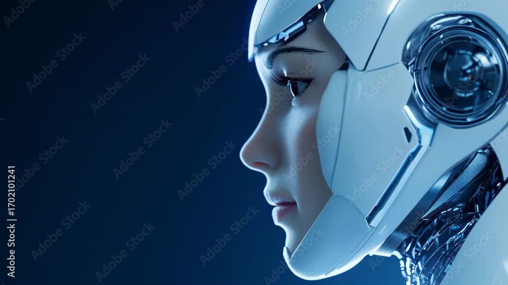 Aufkleber female robot head with glowing lights. artificial intelligence simulation. humanoid and cybernetic t
