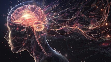 Illustration of a human head with a glowing brain and neural connections extending outward
