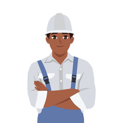 Male builder wearing a yellow hard hat and crossed arms. Flat Vector character illustration