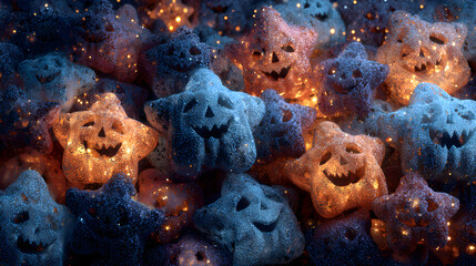 Cartoon pumpkin faces carved into stars, HDR glow, tilt-shift compression, complementary palette, symmetry centered