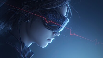 Profile of a person wearing futuristic goggles with red light trails in a dark, blue-toned environment