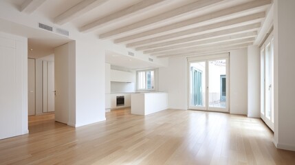 Fototapeta premium Bright Modern Apartment Interior with Open Floor Plan and Wooden Floors for Real Estate