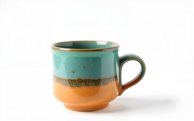 Teal Orange and Brown Speckled Ceramic Coffee Mug on White Background. High quality
