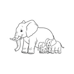 Cute elephant family drawing outline safari wildlife baby animals nature vector