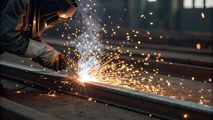 Welding sparks erupting from metal surface industrial workshop macro capture dramatic lighting close-up view action-packed scene