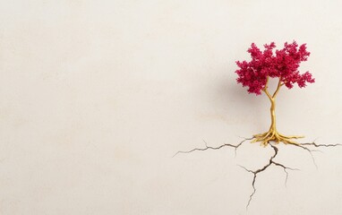 A small red tree grows from cracks in a barren surface, symbolizing resilience.