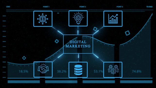 Digital marketing strategy concept with data analysis, business growth, and online advertising, showcasing a modern approach to achieving success in the digital age