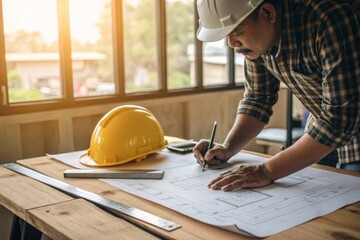 Architect engineer analyzing blueprints at wooden desk in design studio with safety helmet and ruler focused work environment