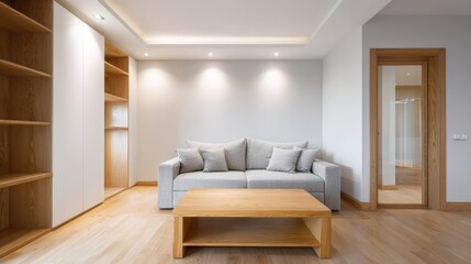 Modern Living Room Interior with Minimalist Design, Featuring a Comfortable Sofa and Wooden Accents