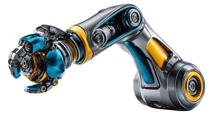 Robotic Arm in Motion: A detailed representation of a futuristic robotic arm, showcasing its intricate metallic components and articulating design.