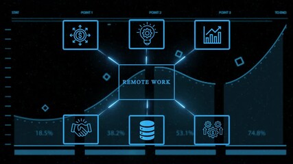 Remote work concept with icons of business strategy, idea, data, teamwork, and partnership on a futuristic interface, representing modern digital collaboration - Powered by Adobe