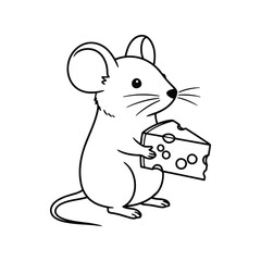 Cute mouse character eating cheese slice line art doodle illustration for kids and food themes vector
