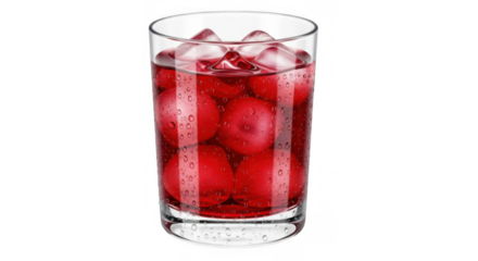 Refreshing red drink with ice cubes in a clear glass.