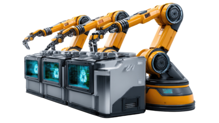 Robotic Arms in Factory: A series of vibrant yellow robotic arms, integrated into a futuristic production line. The industrial machines, adorned with digital screens.