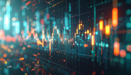 Financial Data Visualization: A dynamic display of financial data, charts, and graphs glows, representing market trends and business analysis, and evoking a sense of technological advancement.
