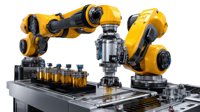 Robotics in Industry: A futuristic vision of a robotic arm precisely working with automation process within an advanced industrial setting.