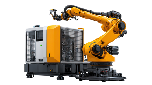 Automated Precision: An industrial robot arm, in its striking design, showcases advanced technology and manufacturing, signifying the precision of modern automation.