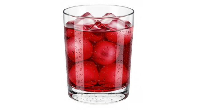 Refreshing red drink with ice cubes in a clear glass.