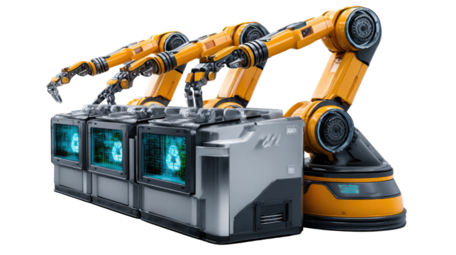 Robotic Arms in Factory: A series of vibrant yellow robotic arms, integrated into a futuristic production line. The industrial machines, adorned with digital screens.