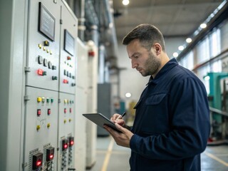 Electrical engineer inspecting control panel with digital tablet in industrial environment - medium shot indoor overview