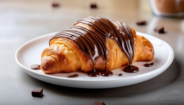 a delectable pastry a flaky croissant generously drizzled with rich chocolate ganache sits elegantly on a pristine white plate
