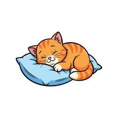 Adorable ginger tabby kitten sleeping peacefully on a cozy blue pillow vector